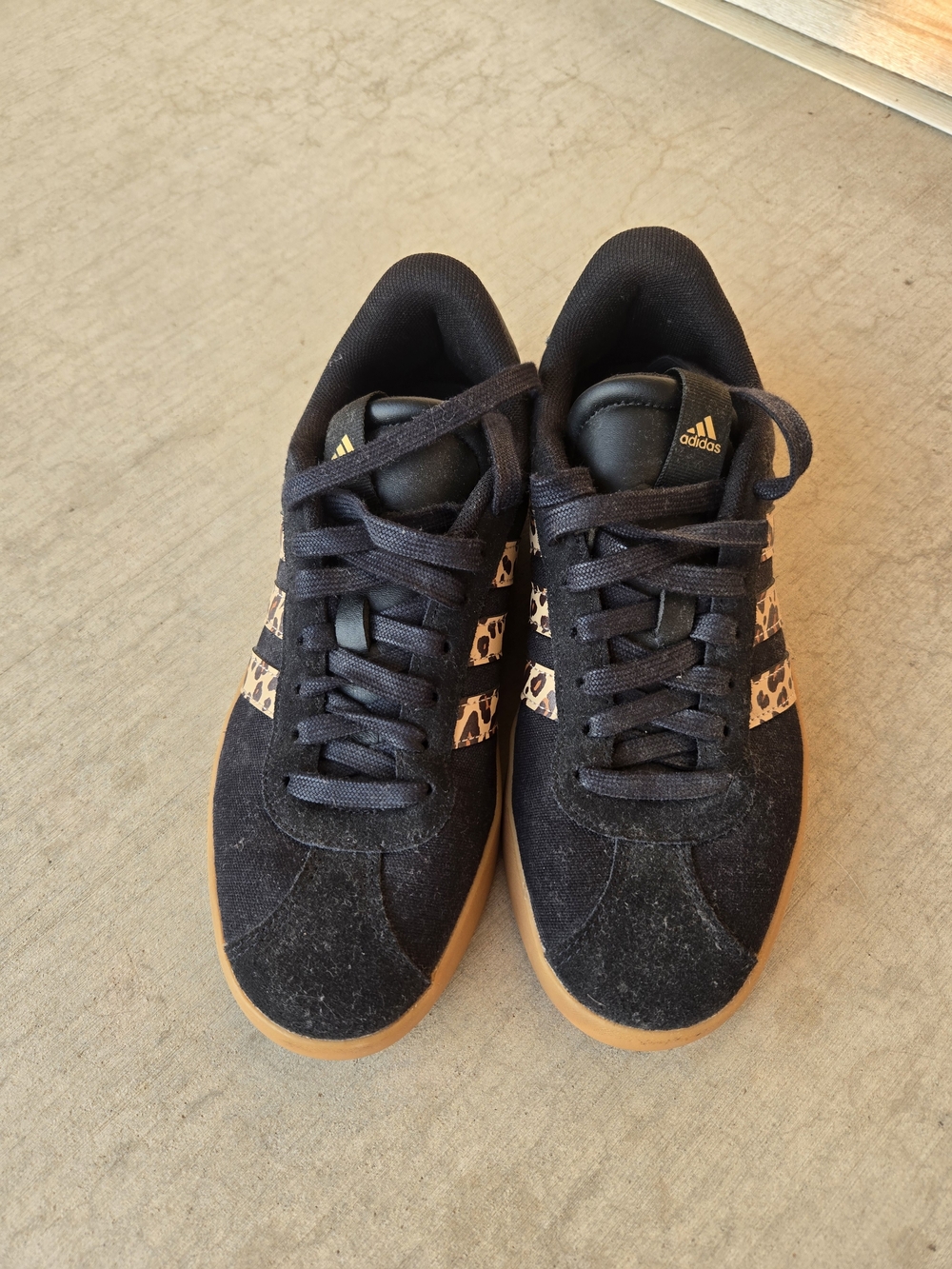 adidas Women’s Black Sneakers with Leopard Print Stripes and Gum Sole